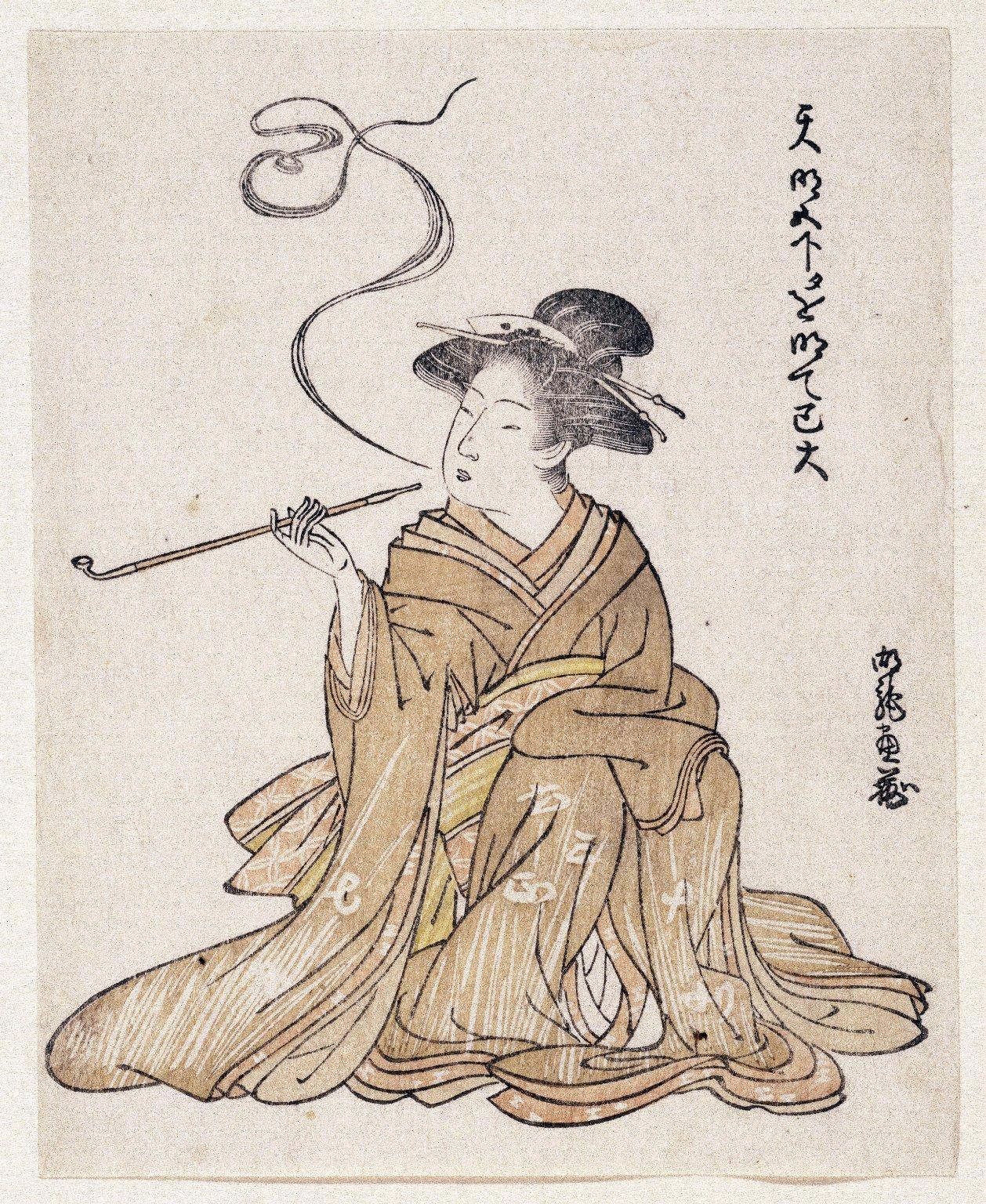 E-Goyomi (Курящая леди) Гравюра на дереве, предположительно принадлежащая Коринсаю , датируемая 1785–1790 годами. 
