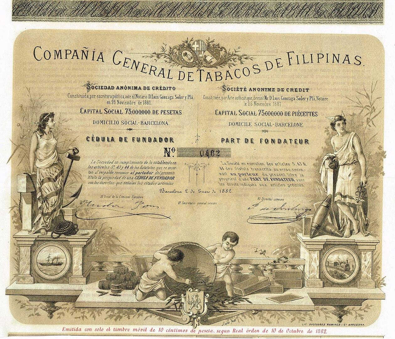 Свидетельство основателя Генеральной табачной компании Филиппин от 2 января 1882 г.