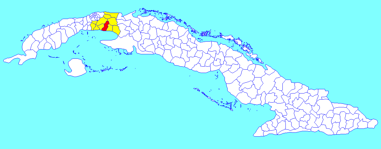 Муниципалитет Гуинес (красный) в провинции Маябеке (желтый) и Куба